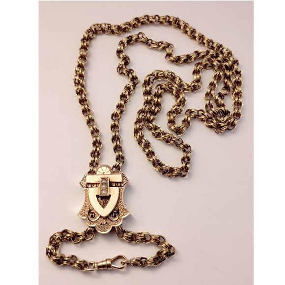 Jewelry - Solid 14k Victorian Seed Pearl Enamel Slide Pendant 30" Handmade Chain Necklace